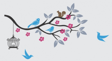 Birds And Squirrel On A Flowers Tree Branch Free Vector, Free Vectors File