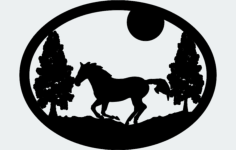 Oval Horse Trees Moon Silhouette Vector DXF File, Free Vectors File