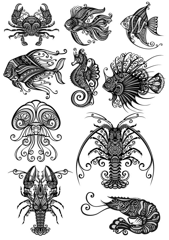 Ornament Sea Amimals Art Vector Pack Free Vector Free Vectors