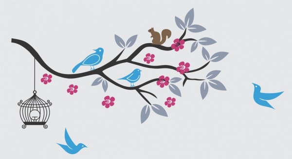Birds And Squirrel On A Flowers Tree Branch Free Vector Free Vectors